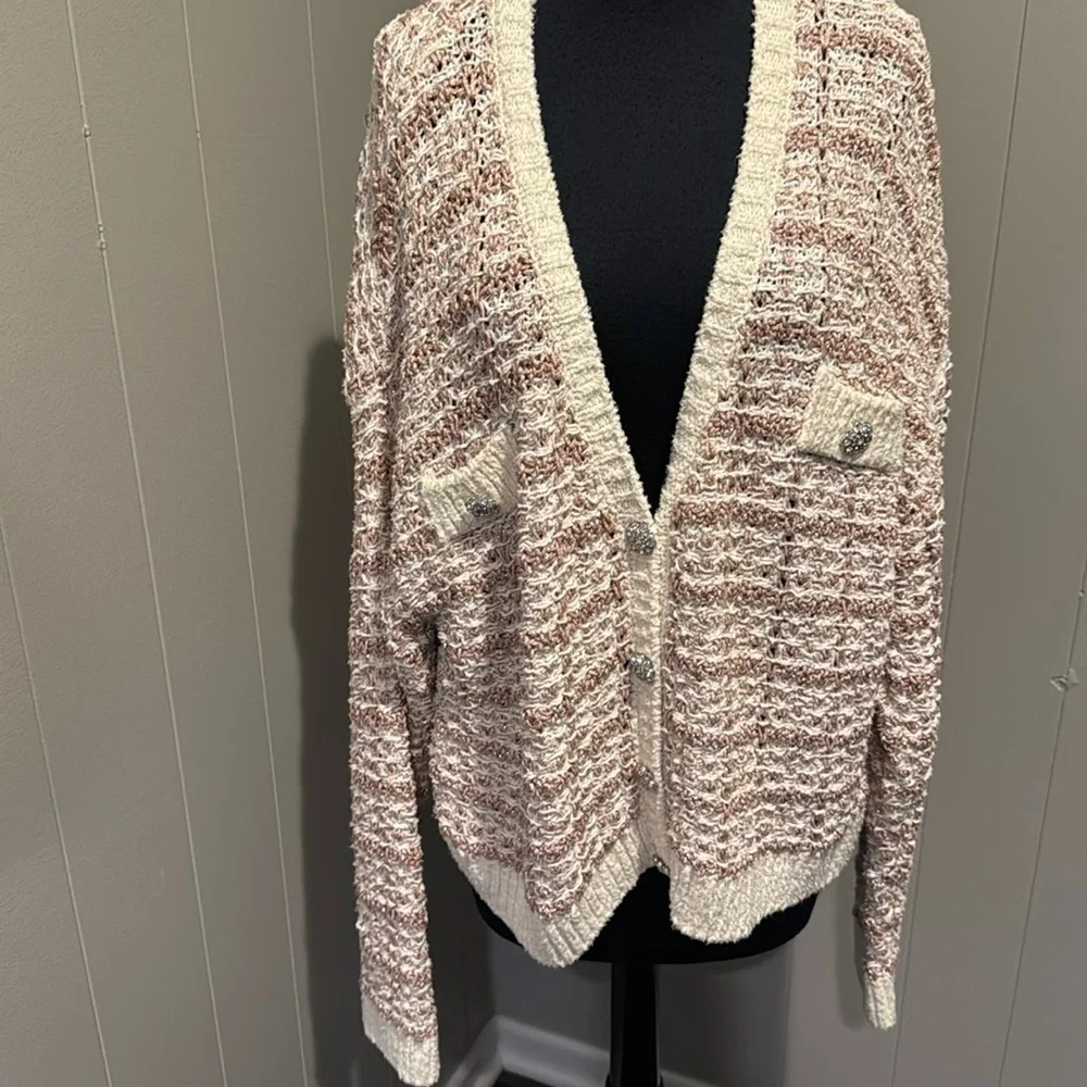 ZARA tweed sparkle rose gold crystal jewel button loose knit cardigan. Medium.